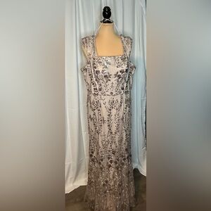 Alex Evenings Cream and Tan Sleeveless Flutter Maxi Gown